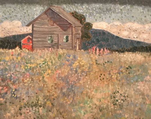 Field of flowers with a little house.1910